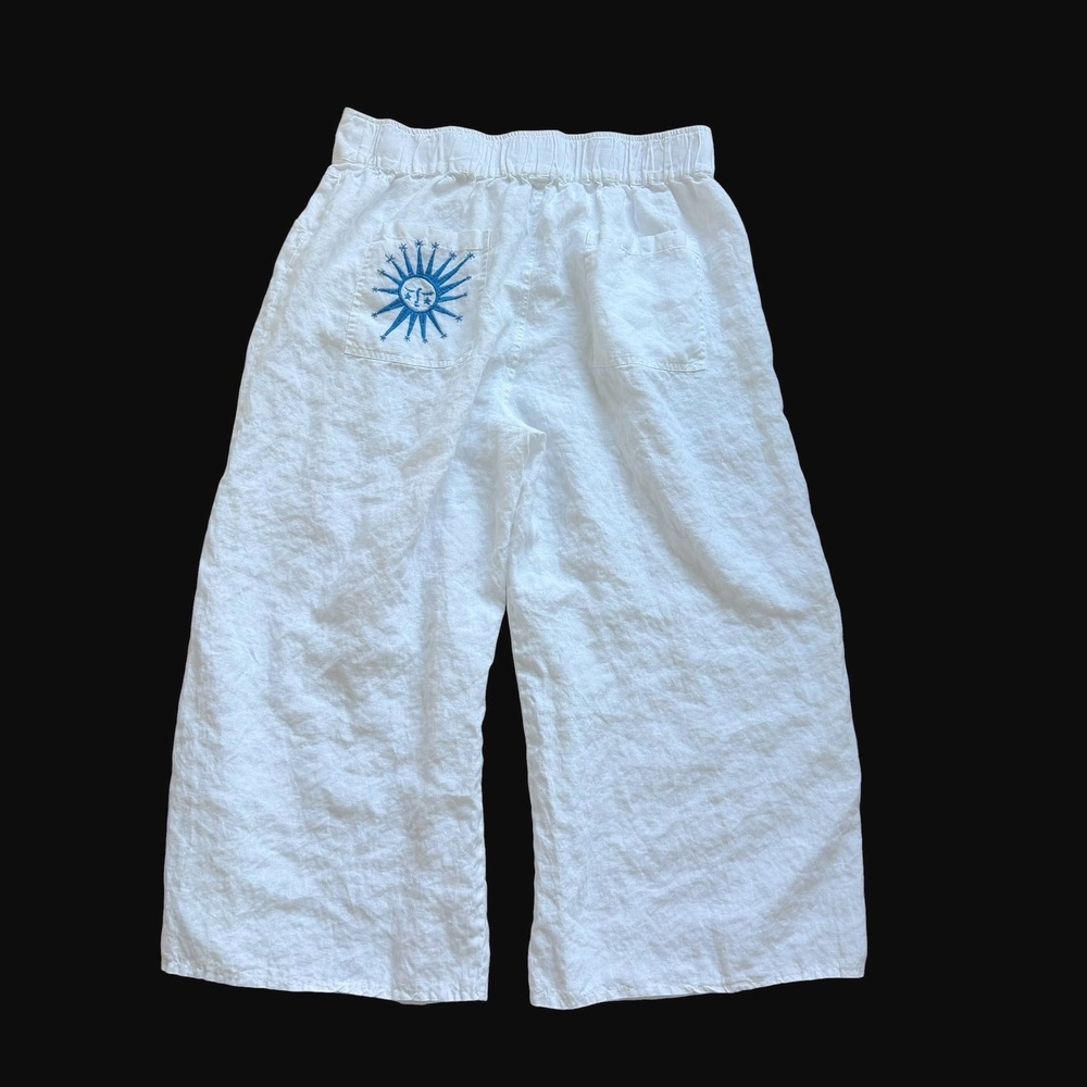Johnny Was Los Angeles White Linen Wide Leg Embroidered Sun Pants XL R62224-2